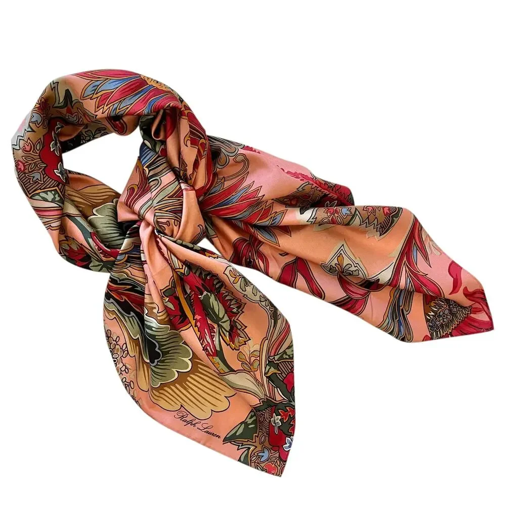 Vintage Ralph Lauren Colorful Feather Floral Paisley Cotton Square Scarf
